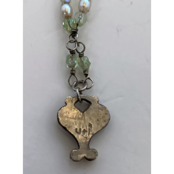 Artisan Sterling Silver Heart Pendant Green AB Glass & Pearl Necklace 16-18 in - Picture 12 of 15